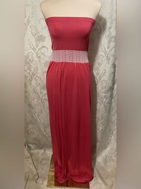 Aruba Blue Strapless Smocked Waist Maxi Dress in Rose